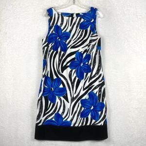 AGB Women 14 Maximalism Blue Floral Zebra Stripe Sleeveless Shift Mini Dress Y2K